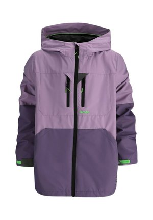 Dwukolorowa fioletowa wodoodporna kurtka z kapturem, przednim zamkiem błyskawicznym, dwoma pionowymi kieszeniami na zamek oraz zielonym logo marki "lemon" na piersi.