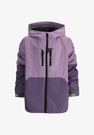 Dwukolorowa fioletowa wodoodporna kurtka z kapturem, przednim zamkiem błyskawicznym, dwoma pionowymi kieszeniami na zamek oraz zielonym logo marki "lemon" na piersi.