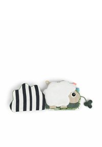 Livre en tissu doux présentant un design de mouton avec un corps fluffy blanc, des accents verts, un nuage rayé noir et blanc, et des étiquettes colorées.