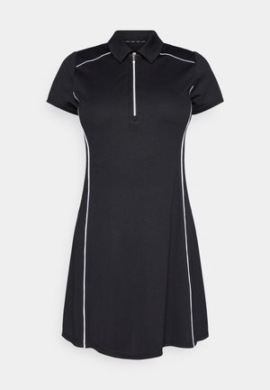 Čierne polo šaty s krátkymi rukávmi, so zapínacím golierom na zips a bielymi lemami pozdĺž strán. Vyrobené z ľahkej, hladkej tkaniny.