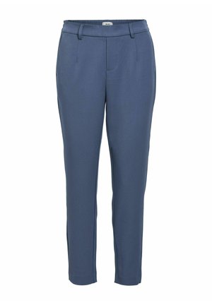 Pantaloni blu su misura realizzati in un tessuto liscio. Presentano un frontale piatto, tasche laterali e gambe affusolate con una finitura orlata.