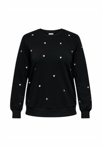 Schwarzer Pullover aus weichem Stoff, mit verstreuten kleinen pinken Herzmustern. Der Crew-Halsausschnitt und die taillierten Bündchen runden das Design ab.