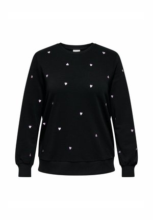 Black sweatshirt made of soft fabric, featuring scattered small pink heart patterns. Crew neckline and fitted cuffs complete the design.