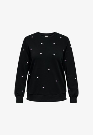 Black sweatshirt made of soft fabric, featuring scattered small pink heart patterns. Crew neckline and fitted cuffs complete the design.