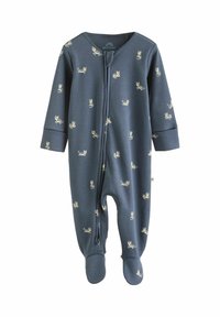 Body de bebé azul con patas largas, cremallera frontal y pequeños estampados de tigre blanco esparcidos por la tela.
