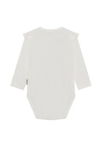 Body per neonati a maniche lunghe bianco con dettagli di ruches sulle spalle e chiusura a scatto nella parte inferiore, realizzato in morbido cotone leggero.