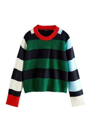 Pulover tricotat cu dungi, cu guler roșu cu model de coastă. Are dungi de culoare verde închis, navy, albastru deschis și crem. Are o lungime scurtă și un material texturat.
