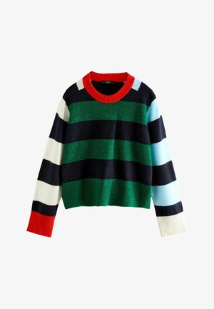 Pull en maille rayé avec un col côtelé rouge. Présente des rayures vert foncé, bleu marine, bleu clair et crème. Longueur courte et tissu texturé.