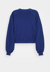 Tmavě modrá dlouhá mikina s dlouhými rukávy, spadlými rameny, objemnými rukávy, žebrovanými manžetami a žebrovaným lemem.