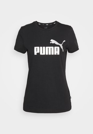 Maglietta nera a maniche corte da donna con logo Puma bianco e grafica di un puma che salta sul petto, scollo tondo, taglio attillato.