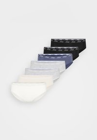 Eight pairs of cotton underwear in various colors: black, navy, gray, light gray, cream, and white, featuring a logo waistband.