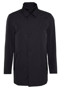 Czarna wodoodporna kurtka z wysokim kołnierzem, zamkiem błyskawicznym z przodu i dwoma bocznymi kieszeniami. Wykonana z gładkiego, lekkiego materiału.