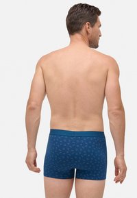 Hombre visto de espaldas que lleva puestos calzoncillos bóxer azules con un pequeño patrón azul claro sobre un fondo blanco liso.