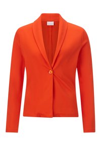 Oranges Blazer mit Reverskragen, Ein-Knopf-Verschluss und langen Ärmeln. Aus glattem Material gefertigt, mit einem klaren, maßgeschneiderten Design.