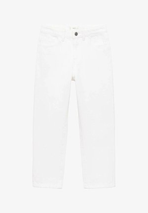 Weiße Jeans aus Baumwolle mit einem klassischen geraden Bein Design. Verfügt über fünf Taschen und einen Knopfverschluss mit Reißverschluss.