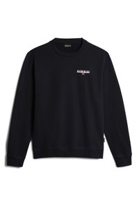 Sudadera negra hecha de una tela suave y texturizada. Diseño de cuello redondo con puños de canalé. Presenta un pequeño logo en el pecho con colores contrastantes.