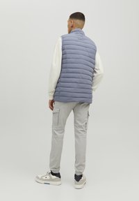 Light blue puffer vest with vertical quilted pattern and high collar, worn over a white long-sleeve shirt, paired with light gray cargo pants.