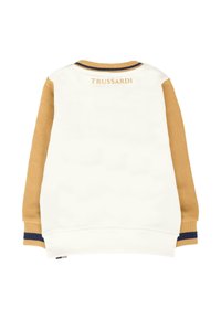 Felpa bianca con maniche marroni, polsini e colletto a coste. Presenta il logo "TRUSSARDI" sulla parte superiore della schiena in oro. Materiale in cotone morbido.