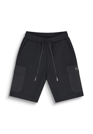 Zwarte cargoshorts tot op de knie met trekkoord in de taille en klepzakken aan beide zijden, afgebeeld op een witte achtergrond.