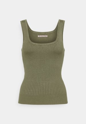 Mouwloos olijfgroen geribd gebreid tanktop met vierkante halslijn en nauwsluitende taille.