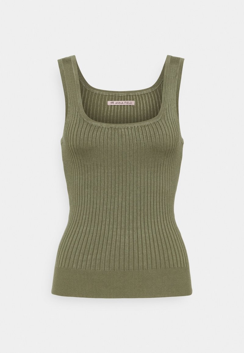 Débardeur sans manches en tricot côtelé vert olive avec encolure carrée et taille ajustée.