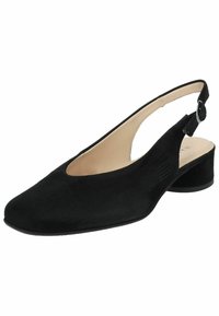 Chaussure en suede noir à talon bas avec un bout pointu et une bride ajustable à la cheville. Intérieur lisse avec un minimum de détails de couture.