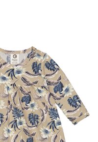 Dlouhý rukáv šaty v béžové barvě s modrým květinovým a listovým vzorem. Vybavené kulatým výstřihem a patentkem u ramene. Měkká textilie.
