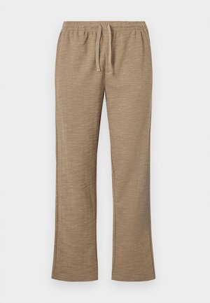 Beige pants with a textured pattern, featuring an elastic waistband with drawstring. Straight leg design with slight flared bottom.