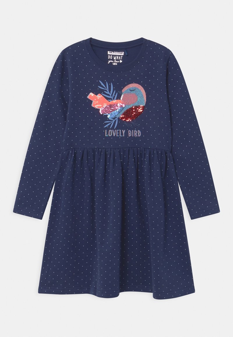 Navy long-sleeve dress with white polka dots, featuring a sequined bird design and "LOVELY BIRD" text on the front. Gathered waistline.