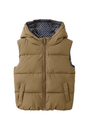 Bruine gewatteerde mouwloze capuchonvest met ritssluiting aan de voorkant en twee zijzakken, met een blauw geruite voering.