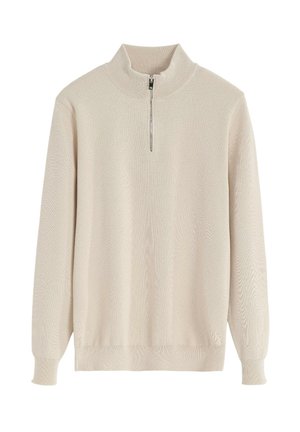 Pull beige à col zippé avec manches longues, texture côtelée et coupe décontractée. Il présente une fermeture à demi-zip et un design simple et minimaliste.
