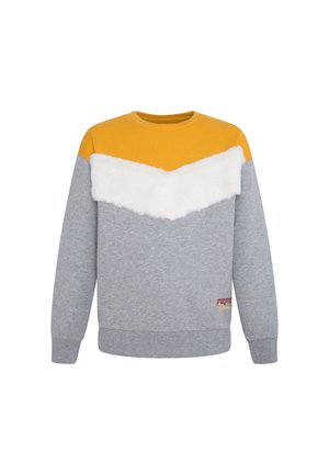 Gray sweatshirt with a yellow top panel and white faux fur chevron detail. Ribbed cuffs and hem, featuring colored logo on the front.