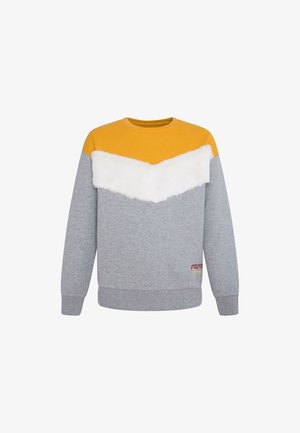 Felpa grigia con pannello superiore giallo e dettaglio a chevron in pelliccia sintetica bianca. Polsini e orlo a coste, con logo colorato sul davanti.