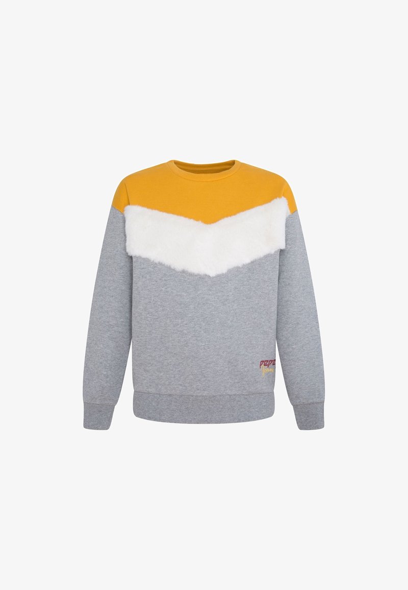 Sweat-shirt gris avec un panneau supérieur jaune et un détail chevron en fausse fourrure blanche. Poignets et ourlet côtelés, avec un logo coloré sur le devant.