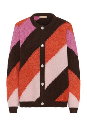 Knitted cardigan with diagonal stripes in brown, orange, pink, and purple, featuring round neckline and decorative pearl-like buttons.