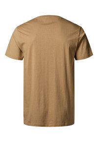 Tricou scurt, de culoare maro, din bumbac moale. Are un guler rotund simplu și o margine dreaptă, fără modele sau accente suplimentare.