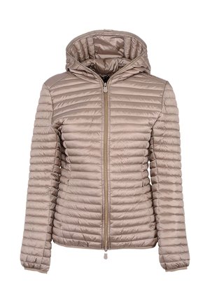 Jasnobrązowa pikowana kurtka puchowa z kapturem, poziomym pikowaniem, długimi rękawami i zamkiem błyskawicznym z przodu.