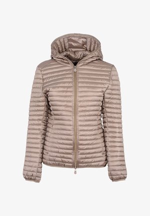 Jasnobrązowa pikowana kurtka puchowa z kapturem, poziomym pikowaniem, długimi rękawami i zamkiem błyskawicznym z przodu.