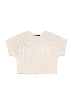 Light beige cropped top featuring a round neck, short wide sleeves, and subtle pleat details on the front, made from soft, textured fabric.