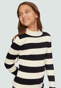 Zwart en crèmekleurig gestreept rib gebreid sweater met een hoge hals en lange mouwen, met afwisselend dikke en dunne horizontale strepen.