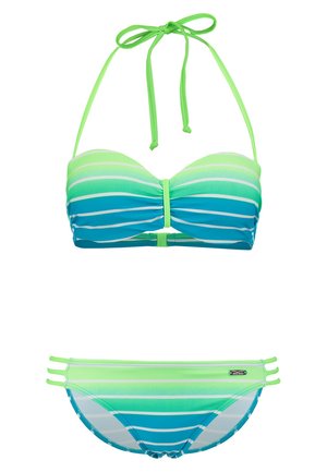 Streifenfreies Bikini-Set mit grünen und blauen Horizontalstreifen, bestehend aus einem gerafften Oberteil und verstellbaren Trägern. Der Unterteil hat drei seitliche Träger.