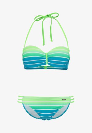 Streifenfreies Bikini-Set mit grünen und blauen Horizontalstreifen, bestehend aus einem gerafften Oberteil und verstellbaren Trägern. Der Unterteil hat drei seitliche Träger.