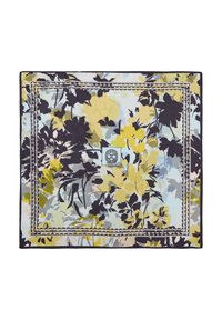 Jedwabny szalik w kwiaty o pastelowej palecie kolorów niebieskiego, żółtego i czarnego. Ozdobiony kontrastową bordiurą oraz logiem na środku.