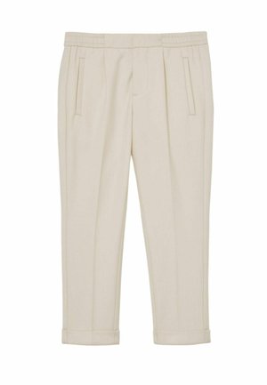 Beige, schmal zulaufende Hose mit Seitentaschen, vorderen Falten und aufgeschlagenen Säumen, entworfen für einen taillierten, maßgeschneiderten Look.