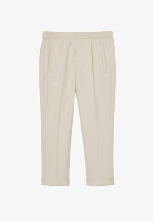 Beige, schmal zulaufende Hose mit Seitentaschen, vorderen Falten und aufgeschlagenen Säumen, entworfen für einen taillierten, maßgeschneiderten Look.