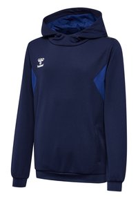 Marineblaues Hoodie aus strukturiertem Stoff, mit einem Kragen in Cowl-Style, kontrastierenden blauen Akzenten und seitlichen Taschen. Hummel-Logo auf der Brust.