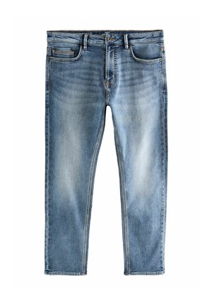 Jeans de denim azul claro con corte recto, cinco bolsillos y costuras en contraste. La tela presenta un acabado de lavado medio.