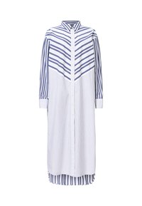 Gestreepte button-up jurk in blauw en wit van katoen. Beschikt over een kraag, lange mouwen en een licht uitlopende silhoutte met variërende streep patronen.