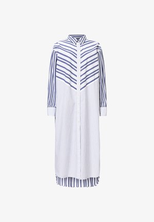 Hemdblusenkleid aus blauer und weißer gestreifter Baumwolle. Verfügt über einen Kragen, lange Ärmel und eine leicht ausgestellte Silhouette mit variierenden Streifenmustern.