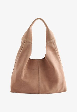 Geantă din piele întoarsă roz deschis, cu o bretea lată pentru umăr și detalii vizibile de cusătură, expusă pe un fundal alb.